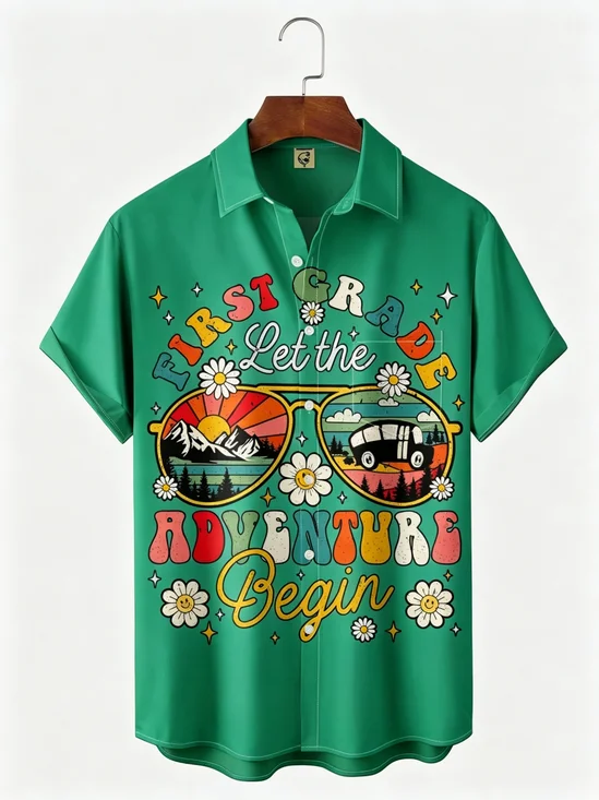 Moisture-Wicking Back-To-School Slogan & Glasses Print Chest Pocket Hawaiian Shirt
