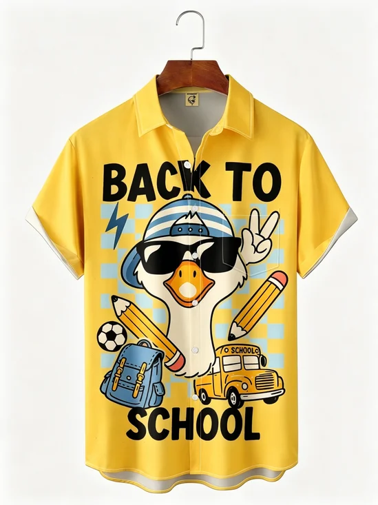 Moisture-Wicking Back-To-School Slogan & Goose Chest Pocket Hawaiian Shirt