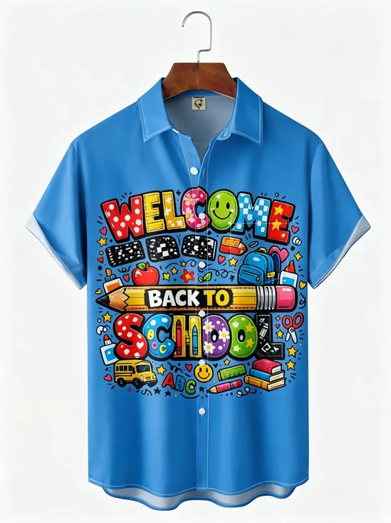 Moisture-Wicking Back-To-School Slogan Geometric Chest Pocket Hawaiian Shirt