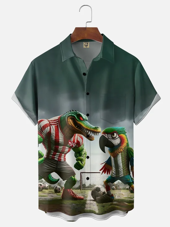 Moisture-Wicking Featuring Brazilian Crocodiles Parrots Soccer Match Motifs Holiday Chest Pocket Hawaiian Shirt