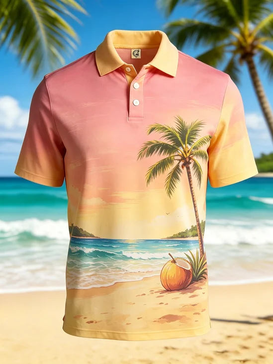 Moisture-Wicking Gradient Beach & Coconut Tree Print Short-Sleeve Hawaiian Golf Polo