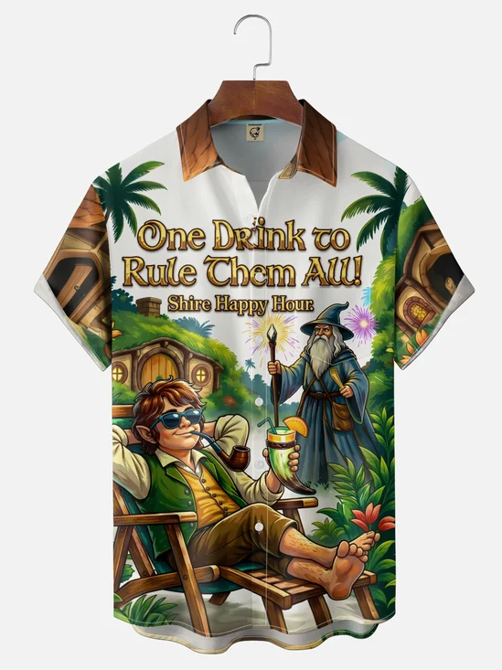 Moisture-Wicking  Gradient Design Featuring Palm Trees Figures And Cocktails Chest Pocket Hawaiian Shirt