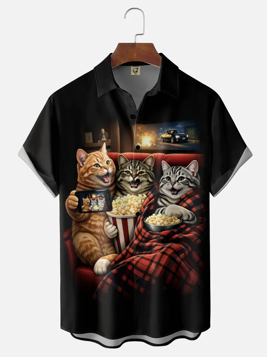 Moisture-Wicking "Movie Cat" Print Chest Pocket Holiday Hawaiian Shirt