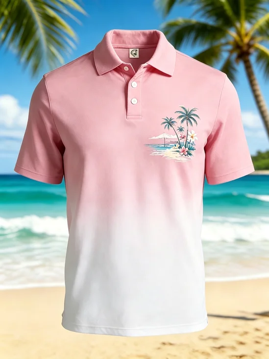 Moisture-Wicking Tropical Gradient Print Coconut Palms & Florals Short-Sleeve Hawaiian Golf Polo