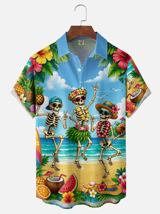Moisture-Wicking Gradient Beach Hula Skirt Skull Floral Leaf Print Chest Pocket Hawaiian Shirt