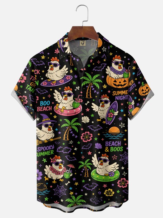 Moisture-Wicking Gradient Halloween Featuring Witch Hats Chickens Coconut Trees Magic Brooms Chest Pocket Hawaiian Shirt