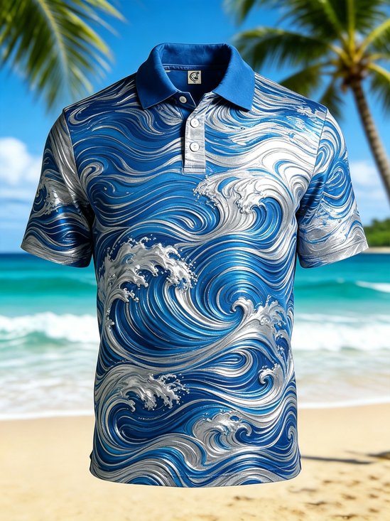 Moisture-Wicking Gradient Wave-Print Short-Sleeve Hawaiian Golf Polo