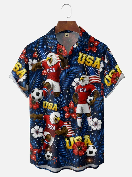 Moisture-Wicking Gradient Tropical Plant & Bald Eagle Print Chest Pocket Hawaiian Shirt