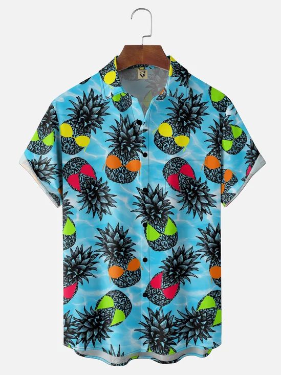Moisture-Wicking Tropical Fruit Print Fun Gradient Design Chest Pocket  Hawaiian Shirt