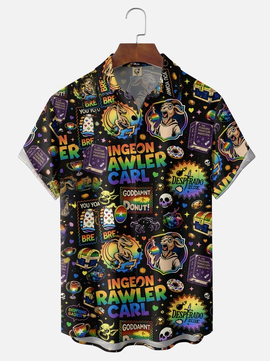 Moisture-Wicking Gradient Halloween Sheep Ghost Potion Print Chest Pocket Hawaiian Shirt