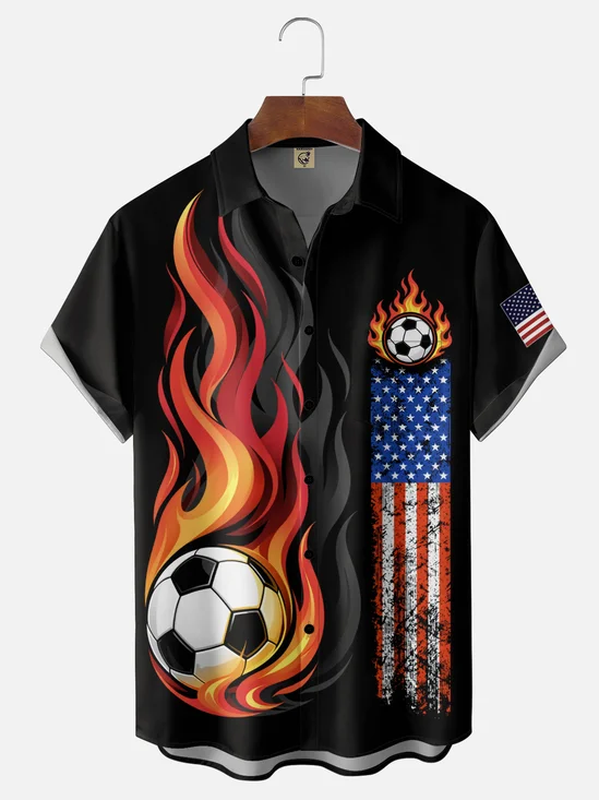 Moisture-Wicking Gradient Soccer Flame & US Flag Design Chest Pocket Hawaiian Shirt