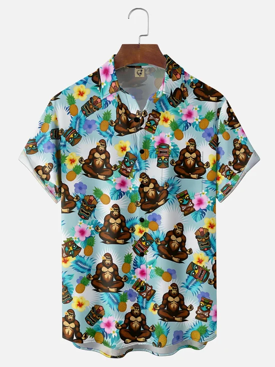 Moisture-Wicking Gradient Yoga Bigfoot & Tiki Leaf Print Chest Pocket Hawaiian Shirt