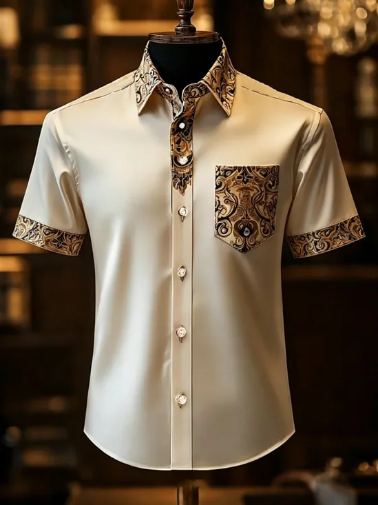 Silk Satin Breathable Ethnic Floral Chest Pocket Business Shirt