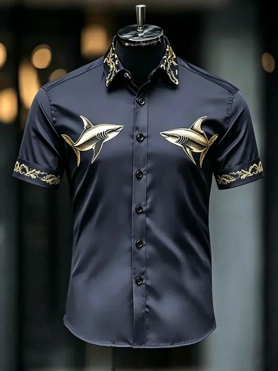 Silk Satin Breathable Fish Chest Pocket Hawaiian Shirt