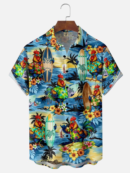 Moisture-Wicking Gradient Beach Rooster Surfboard Coconut Tree Floral Prints Chest Pocket Hawaiian Shirt