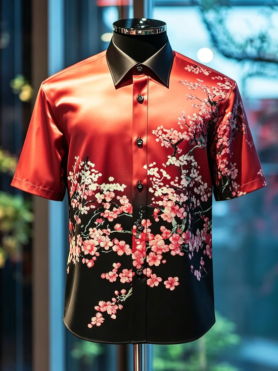 Silk Satin Breathable Japanese Plum Blossom Hawaiian Shirt