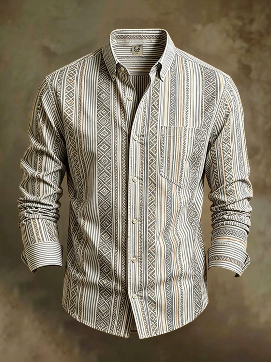Linen Texture Geometric Stripe Chest Pocket Long-Sleeve Casual Shirt