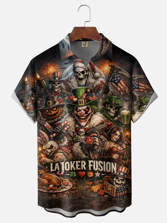 Moisture-Wicking Halloween Party Spooky Monster Clown and Skull Print  Chest Pocket Hawaiian Shirt
