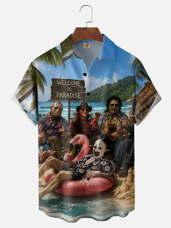 Moisture-Wicking Spooky Monster Halloween Beach Party Chest Pocket Hawaiian Shirt