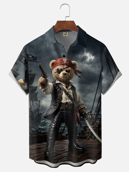 Moisture-Wicking Fun Pirate Bear Print Chest Pocket Hawaiian Shirt