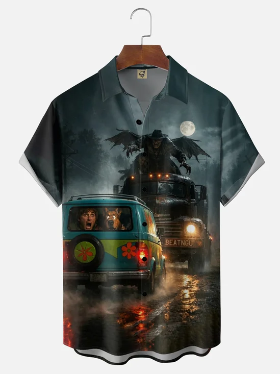 Moisture-Wicking Spooky Monster Halloween Chest Pocket  Hawaiian Shirt