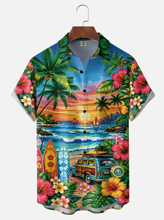 Moisture-Wicking Tropical Floral & Vintage Car Chest Pocket Hawaiian Shirt