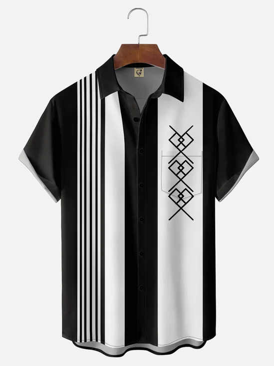 Moisture-Wicking Striped Heart Patterned Chest Pocket Bowling Shirt