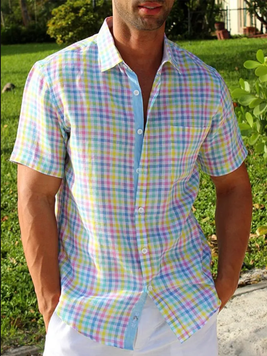 Linen-Texture Geometric Check Chest Pocket Hawaiian Shirt