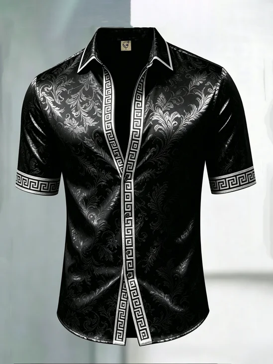 Breathable Silk Satin Subtle Botanical Pattern Chest Pocket Business Shirt