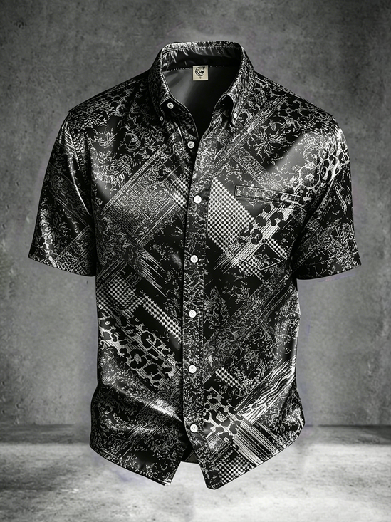 Silk Satin Breathable Abstract Geometric Leopard Print with Subtle Pattern Chest Pocket Business Shirt
