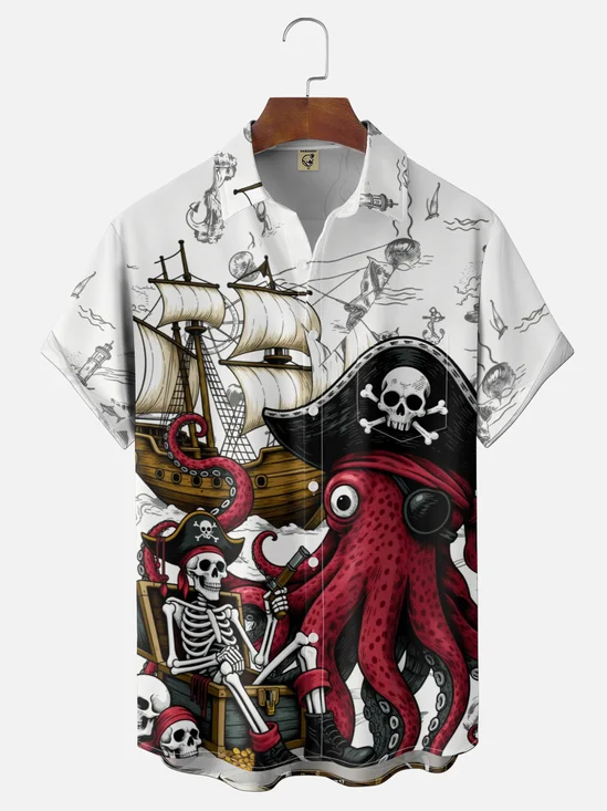 Moisture Wicking Pirate Octopus Skull Chest Pocket Hawaiian Shirt
