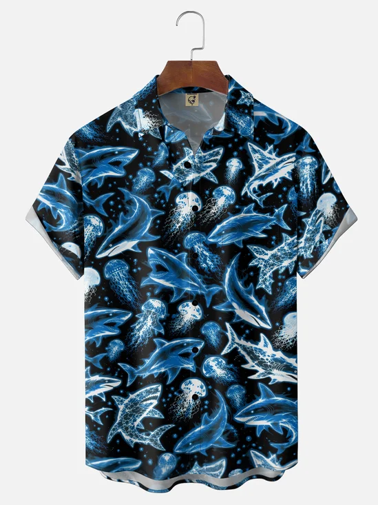 Moisture-Wicking Gradient Shark & ​​Jellyfish Print Chest Pocket Hawaiian Shirt
