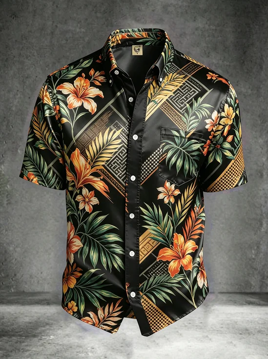 Silk Satin Breathable Tropical Floral Print Chest Pocket  Hawaiian Shirt