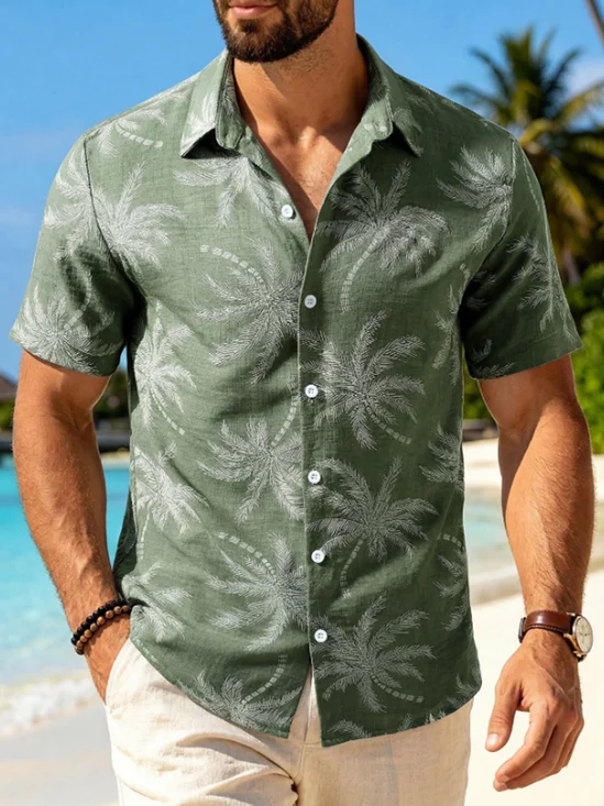 Linen-Texture Tropical Floral Casual Shirt