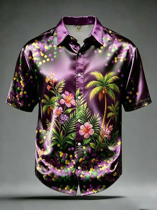Silk Satin Breathable Tropical Floral Print Hawaiian Shirt