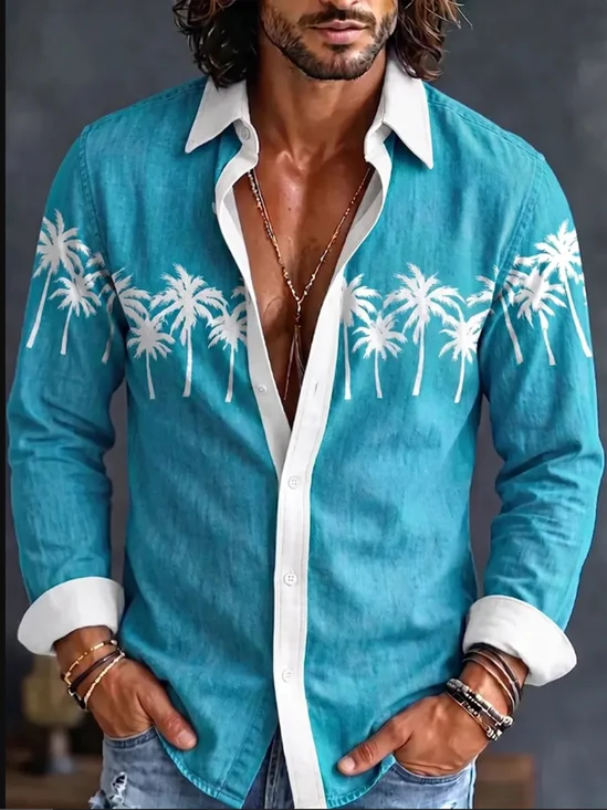 Linen-Texture Coconut Tree Print and Chest Pocket Long-Sleeve Casual Shirt