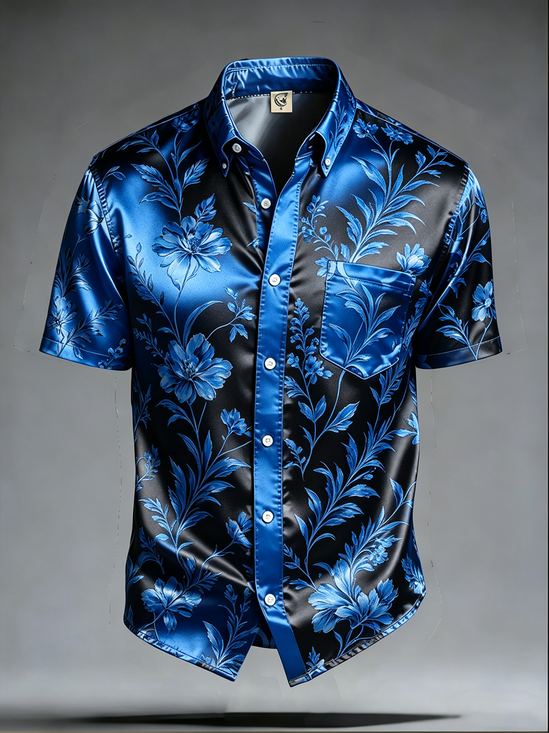 Silk Satin Breathable Tropical Floral Print Chest Pocket Hawaiian Shirt