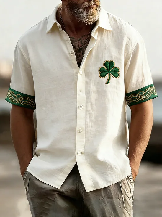 Linen-Texture Solid-Color Panel Lucky Clover Motif Casual Shirt