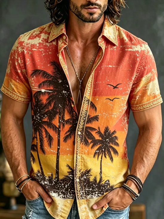Linen-Texture Tropical Coconut Tree Chest Pocket Hawaiian Shirt