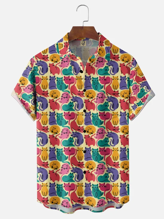 Moisture-Wicking Fun Cat Print Chest Pocket Hawaiian Shirt