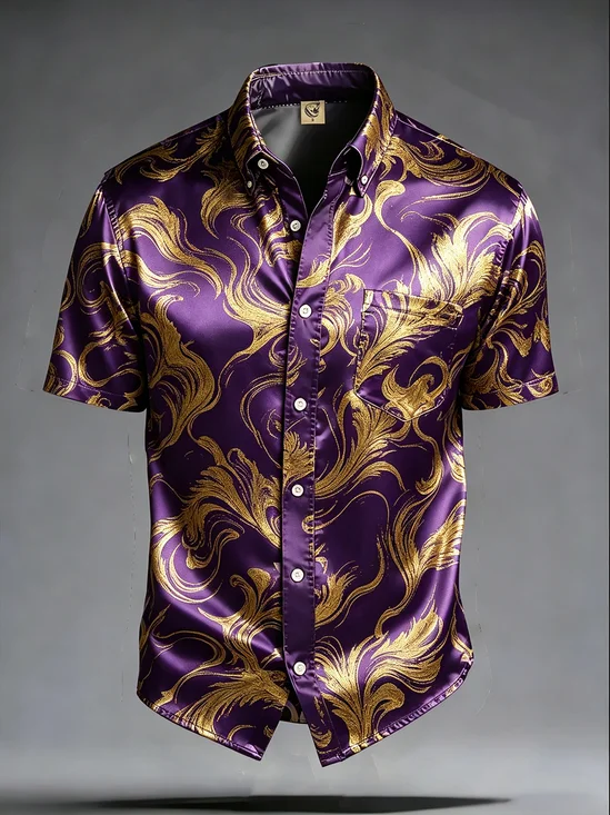 Silk Satin Breathable Abstract Art Print Chest Pocket  Business Shirt
