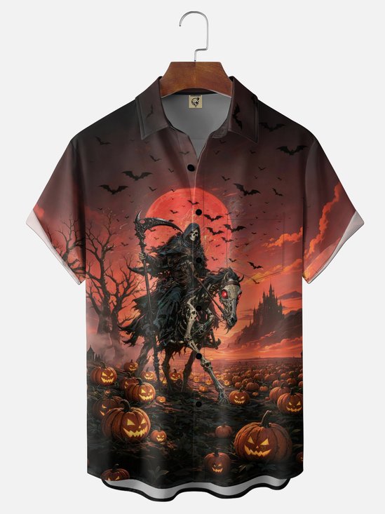 Moisture-Wicking Halloween Pumpkin Skull Bat Print Chest Pocket Holiday Hawaiian Shirt