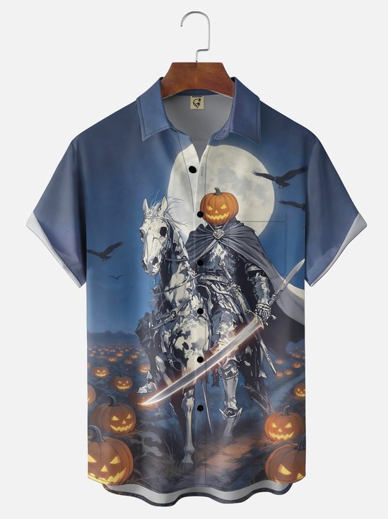 Moisture-Wicking Halloween Pumpkin Head Horseman Skull Bat Print Chest Pocket Holiday Hawaiian Shirt
