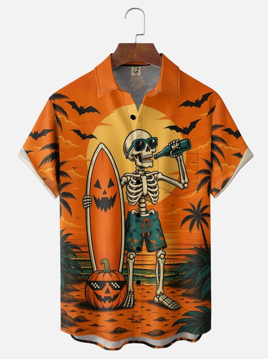 Moisture-Wicking Gradient Halloween Drinking Skeleton Pumpkin  Bat Print  Chest Pocket Hawaiian Shirt