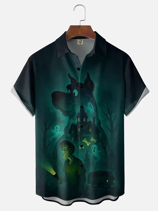 Moisture-Wicking Gradient Halloween Dog Ghost Print Chest Pocket Hawaiian Shirt