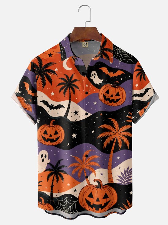 Moisture-Wicking Gradient Halloween Print Pumpkin Ghost Bat Palm Tree Chest Pocket Hawaiian Shirt