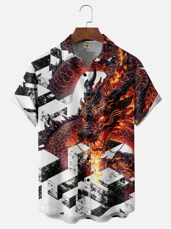 Moisture-Wicking Dinosaur Flame Chest Pocket Hawaiian Shirt