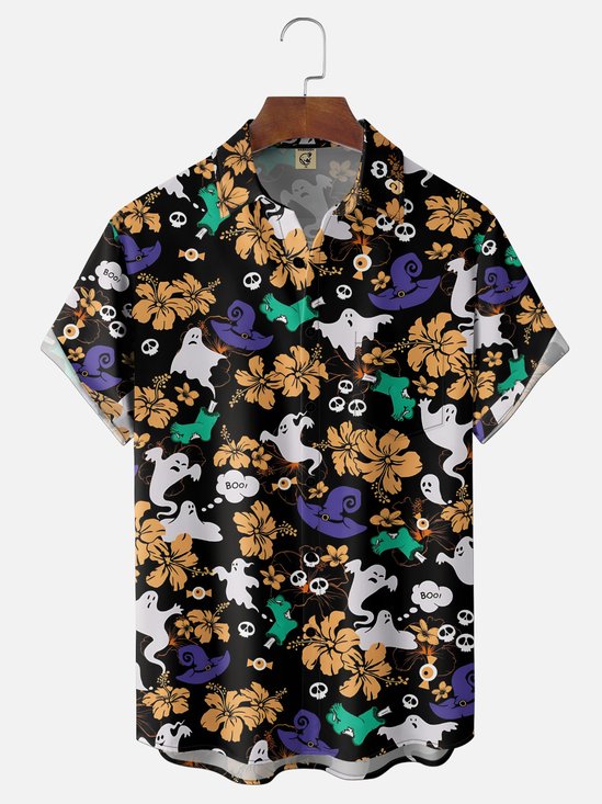 Moisture-Wicking Gradient Halloween Ghosts Florals Witch Hats Skulls Chest Pocket Hawaiian Shirt