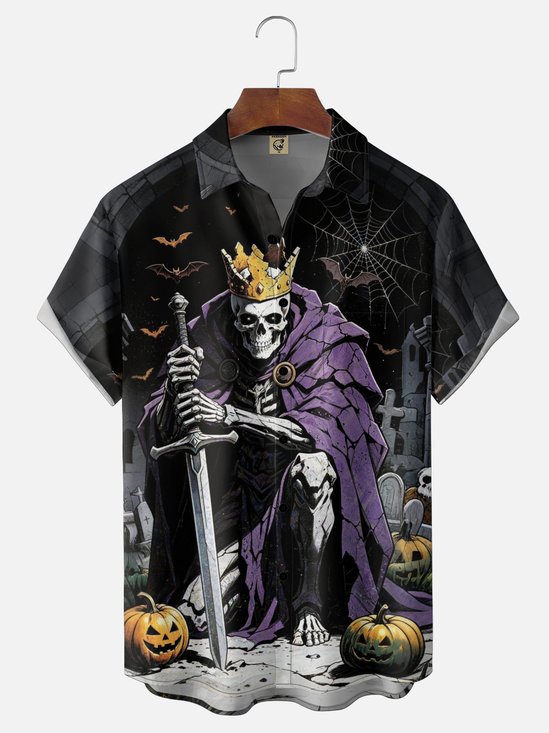 Moisture-Wicking Halloween Pumpkin Skull Bat Print Chest Pocket Holiday Hawaiian Shirt