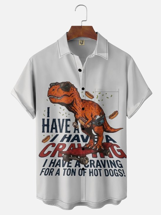 Moisture-Wicking Halloween Dinosaur Hot Dog Print Chest Pocket Holiday Hawaiian Shirt